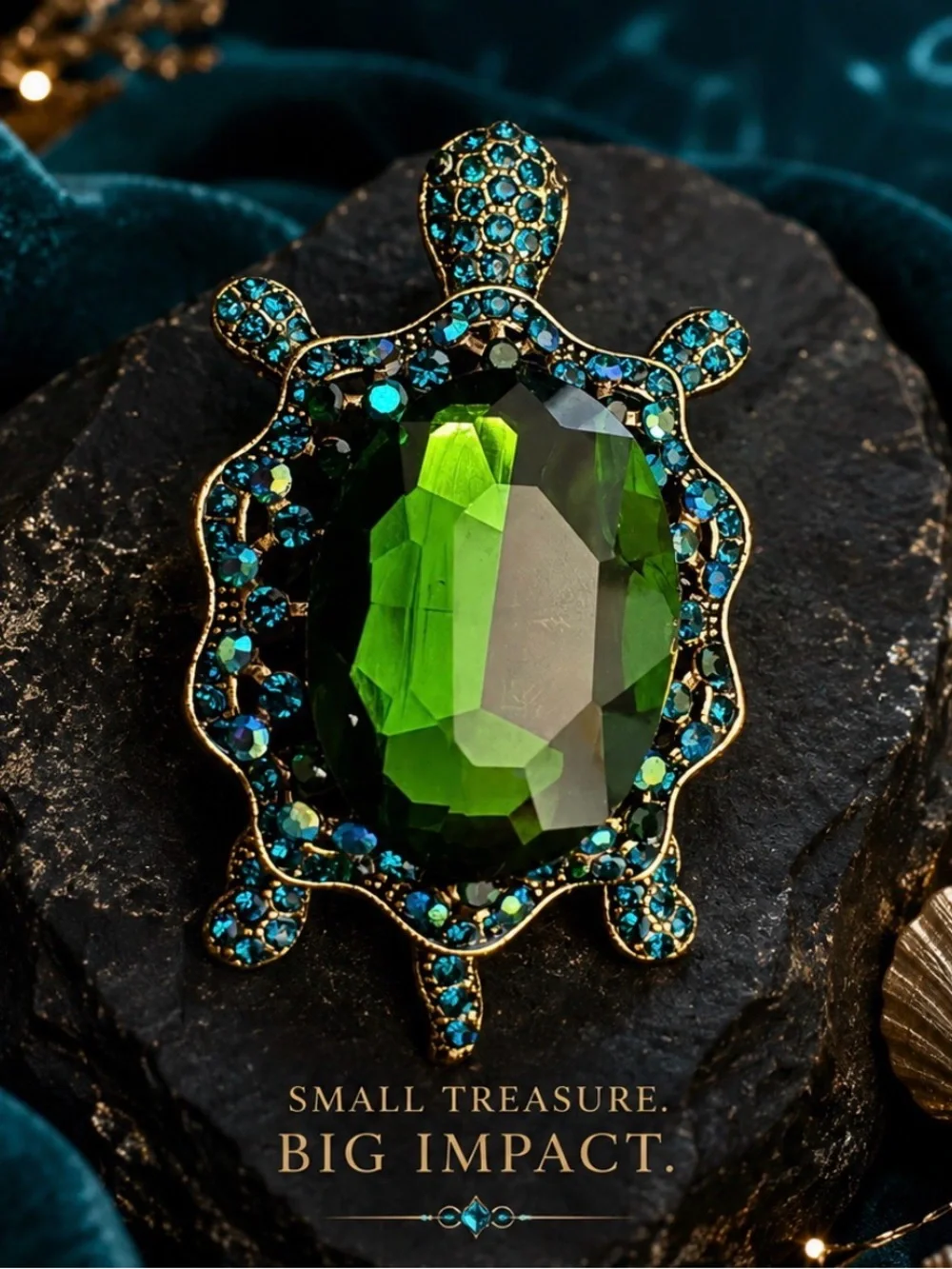 Green Turtle Statement Brooch with Blue Crystal Accents
